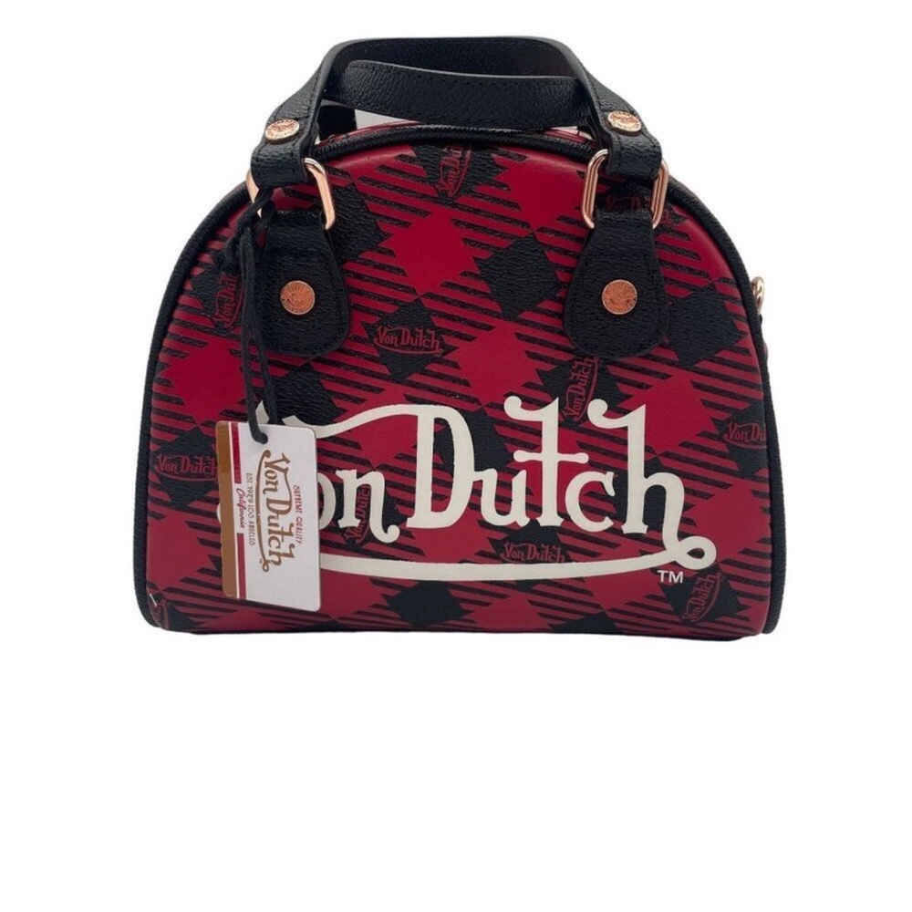 Von Dutch Red & Black Plaid Bowling Bag Satchel Top Handle Academia University